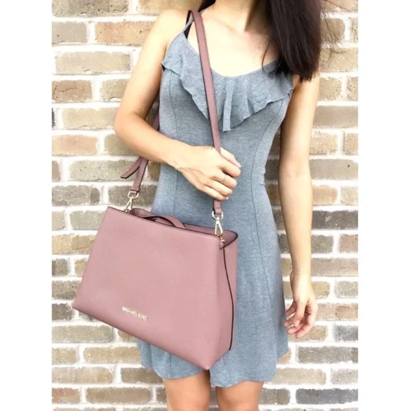 NWT MICHAEL KORS Large Saffiano Portia Satchel Crossbody Bag Dusty Rose - Picture 2 of 7